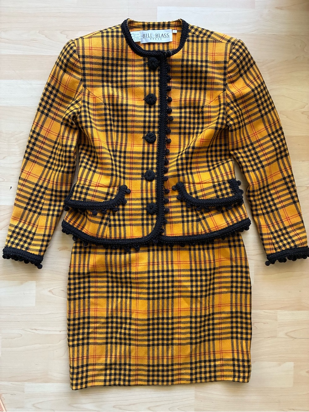 Bill Blass Vintage Dress 2pc Yellow/Black Plaid 100% Wool Lined Skirt Suit Sz 4